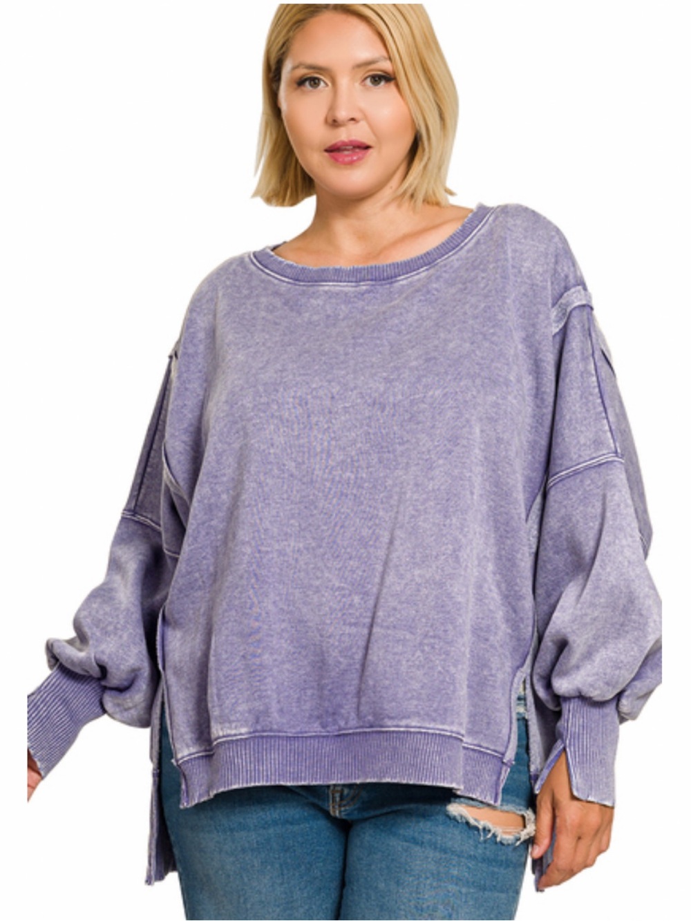 336 1X -3X  Zenana PLUS ACID WASHED
BATWING SLEEVE HI-LOW
FLEECE SWEATSHIRTS